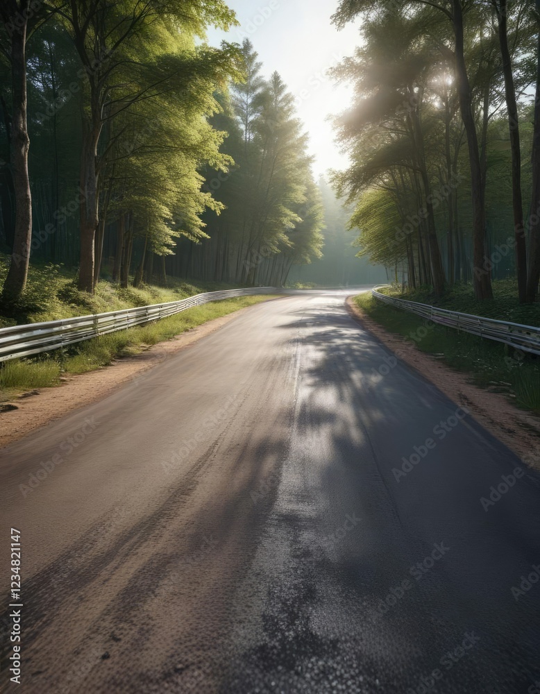 Obraz premium Serene atmosphere of a race track winding through a peaceful wooded area, woods, track, green