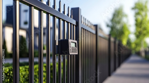 Modern black fence with digital keypad in residential area, showcasing greenery and clear sky