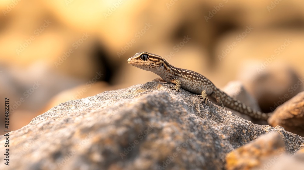A close-up of a small lizard resting on a rocky surface in a warm, sunlit environment A close-up of a small lizard resting on a rocky surface in a warm, sunlit environment