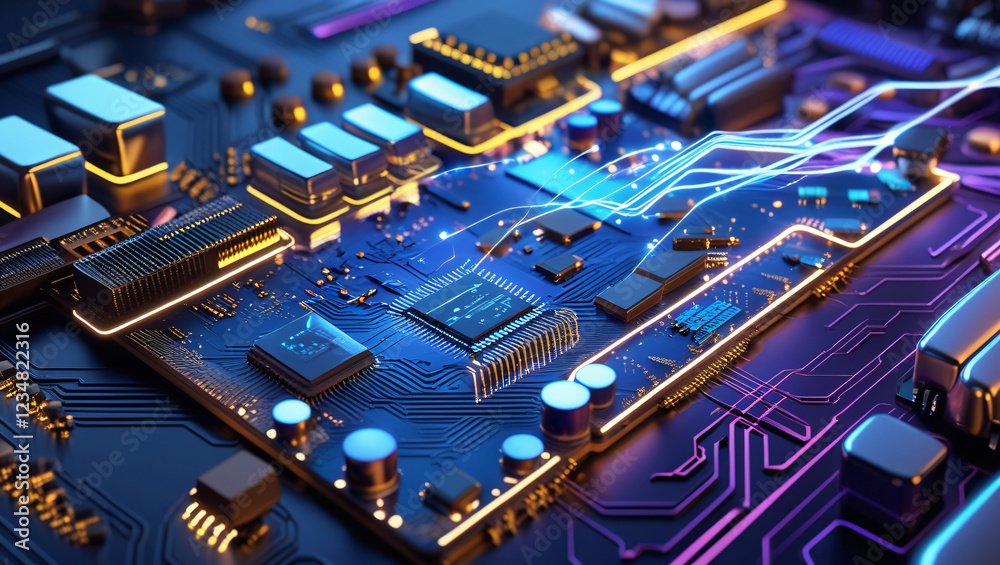 Fototapeta premium A highly detailed and vibrant abstract representation of a futuristic circuit board, set against a dark, gradient background that transitions from deep blues to rich purples, with golden accents that 