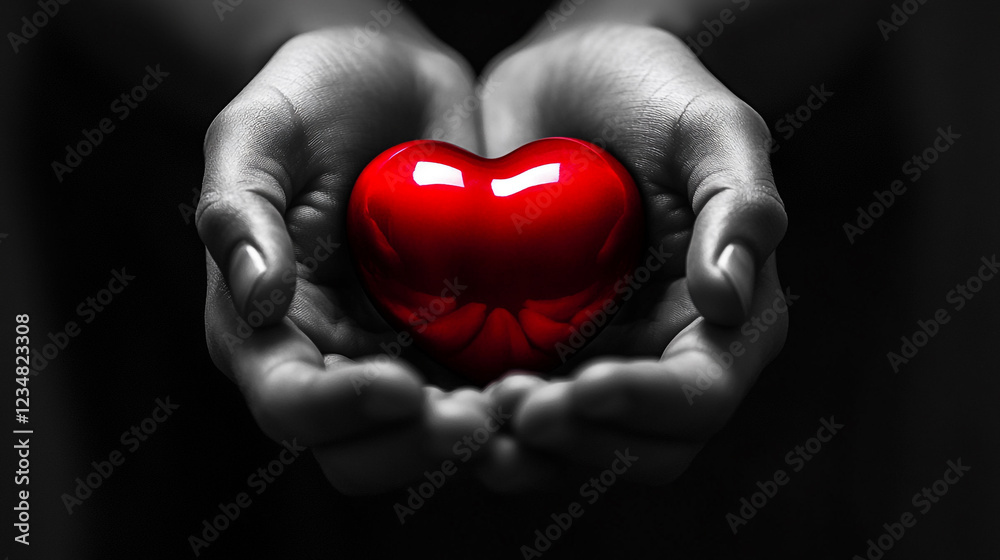 Red Heart Held in Hands Black and White Photo Love Care body hope image human still giving symbol Red Heart Held in Hands Black and White Photo Love Care body hope image human still giving symbol