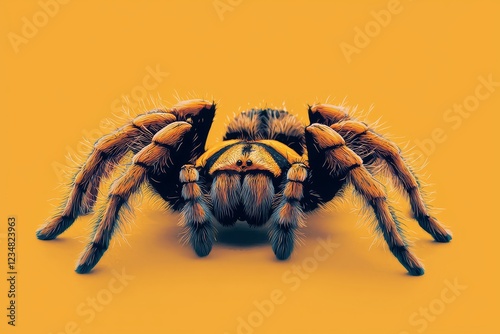 Tarantula perched against a bright orange background, showcasing its large, hairy legs and dark body photo