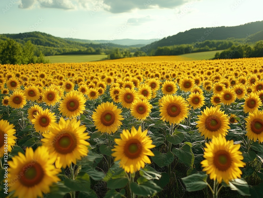 Fototapeta premium A vast field of sunflowers in full bloom under a bright sky and rolling hills background