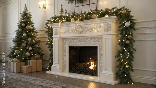 Sparkling lights and ornaments adorning a festive fireplace mantel, wreath, mantel, fireplace photo