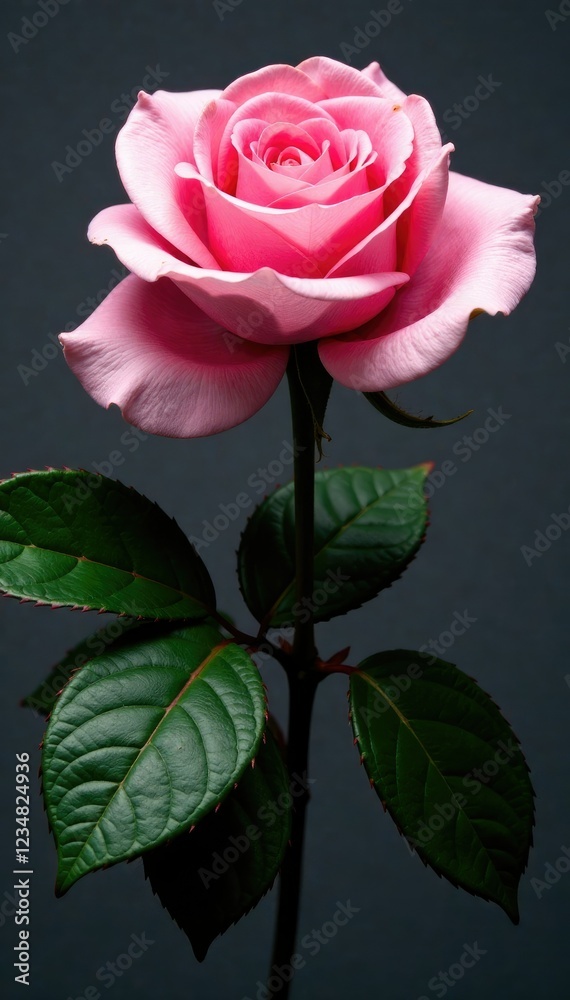 Naklejka premium Soft pink rose bloom on dark green leaves isolated on black background, monochromatic, floral