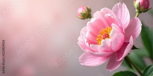 Soft pink peony background with subtle greenery, pastel colors, botanical