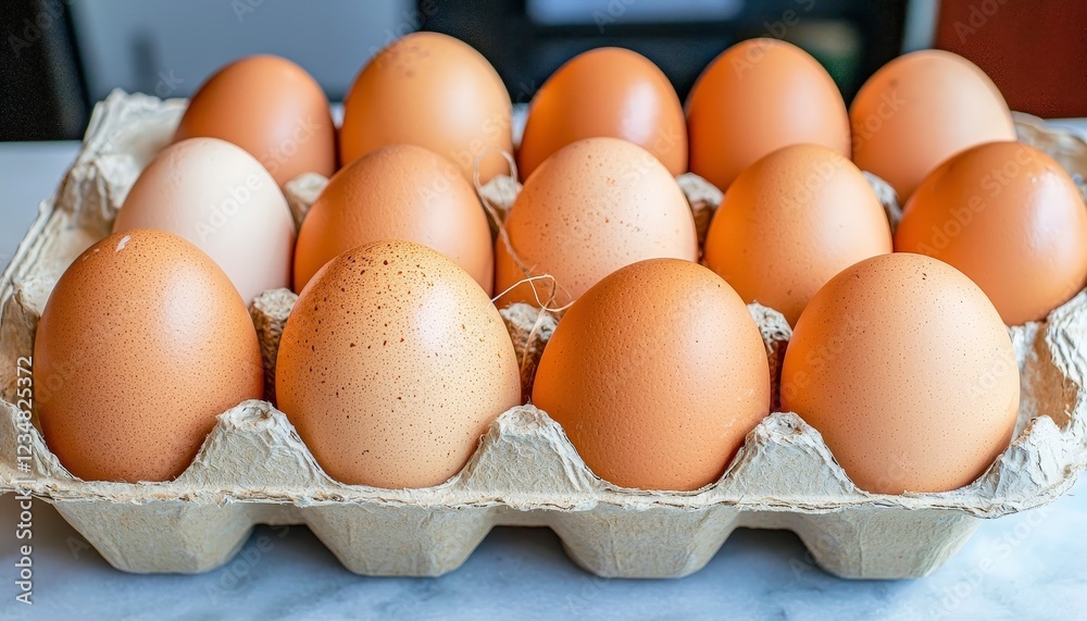 Fresh Brown Eggs in Carton on Kitchen Countertop Display Fresh Brown Eggs in Carton on Kitchen Countertop Display