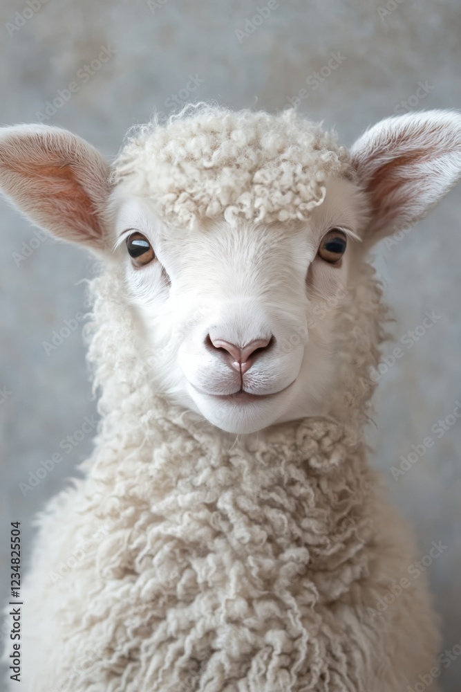 Close-up portrait of cute fluffy white sheep on gray background. Close-up portrait of cute fluffy white sheep on gray background.