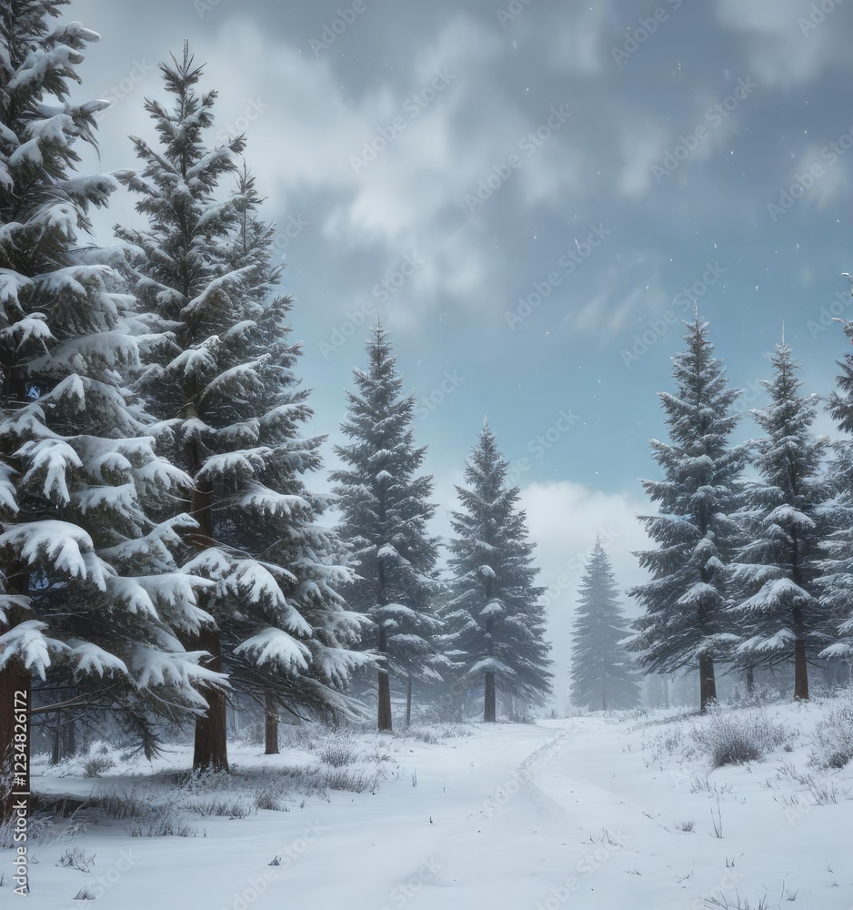 Fototapeta premium Snow-covered fir trees gazing out from against a soft blue winter landscape with a few flakes gently falling in the air , peaceful atmosphere, blue winter landscape, natural beauty