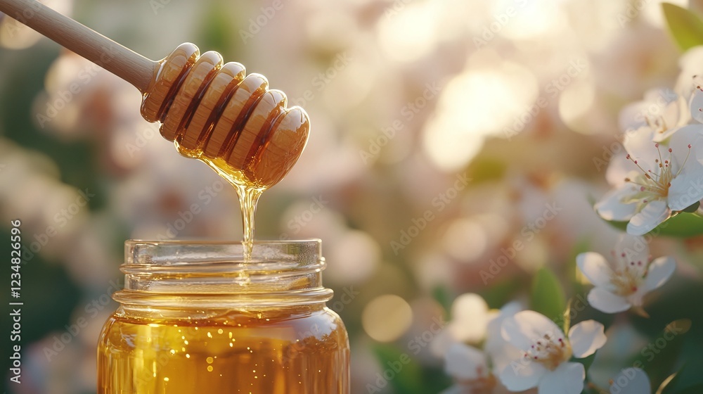 natural honey dripping from wooden dipper into glass jar surrounded by flowers in blurred background for healthy food natural honey dripping from wooden dipper into glass jar surrounded by flowers in blurred background for healthy food
