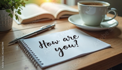 Cozy workspace with a notebook saying 