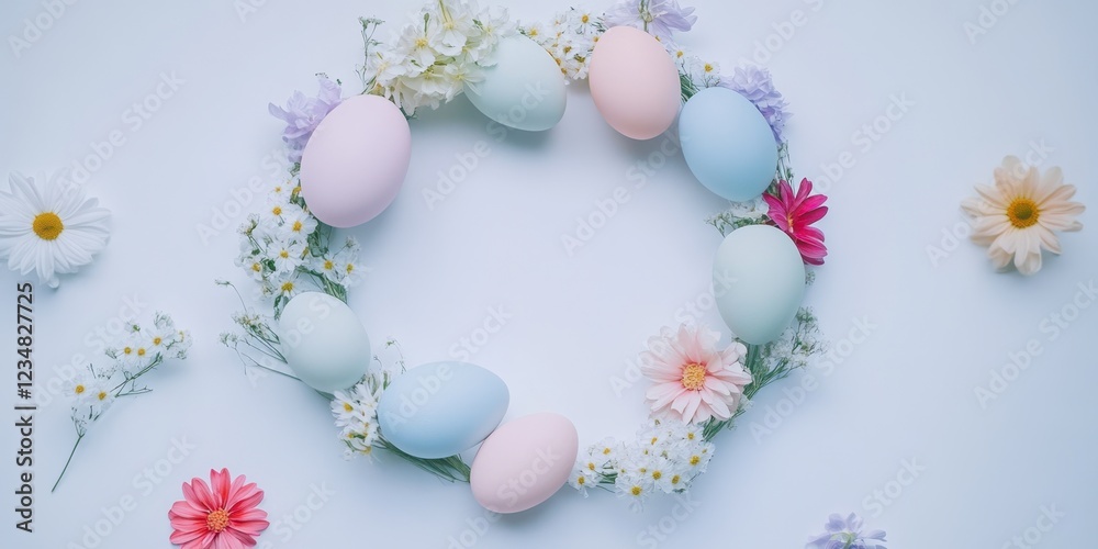 Festive spring wreath made of pastel colored eggs Festive spring wreath made of pastel colored eggs