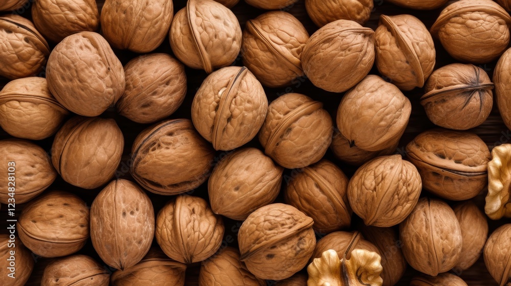A Close-Up View of Whole Walnuts Ready to Be Eaten Displaying Natural Texture and Color in Fine Detail on a Wooden Surface A Close-Up View of Whole Walnuts Ready to Be Eaten Displaying Natural Texture and Color in Fine Detail on a Wooden Surface