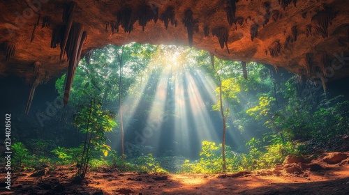 Sunbeams through cave opening to jungle photo