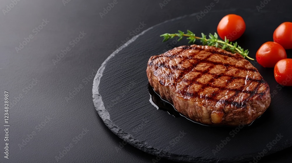 Grilled steak served on a slate plate with cherry tomatoes and herb, showcasing culinary presentation Grilled steak served on a slate plate with cherry tomatoes and herb, showcasing culinary presentation