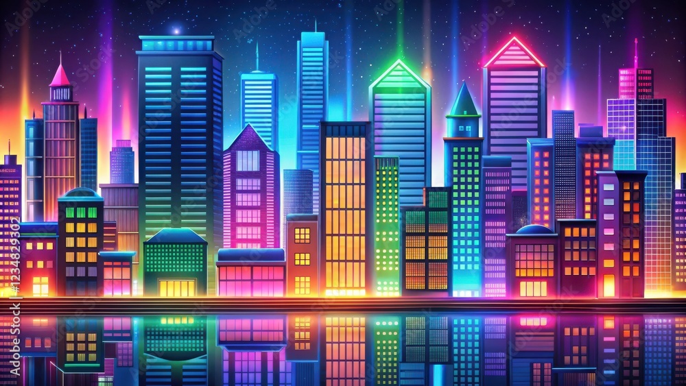 Vibrant neon lights illuminate the skyline of a bustling city, casting a colorful glow on towering skyscrapers and reflecting in the tranquil water below. Vibrant neon lights illuminate the skyline of a bustling city, casting a colorful glow on towering skyscrapers and reflecting in the tranquil water below.