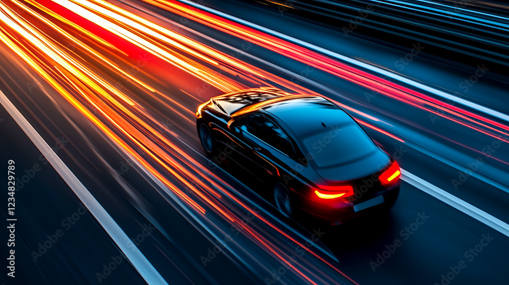 Naklejka premium Black car speeding down a highway at night with streaks of vibrant colored lights in the background representing fast pace of life, transportation and speed concept. 