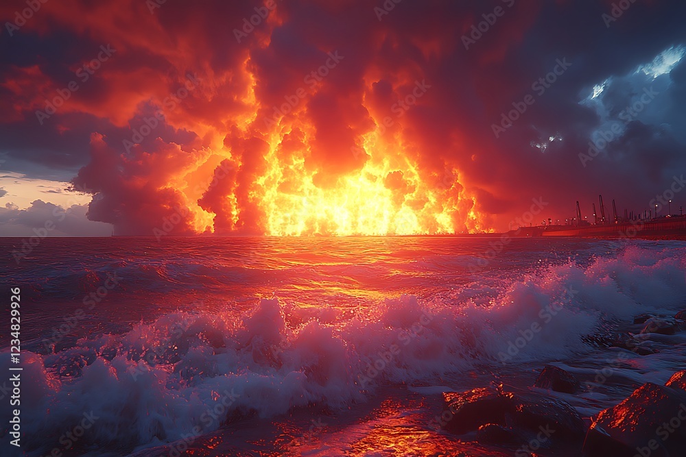 Fiery Inferno Engulfs Coastal Industrial Complex at Sunset