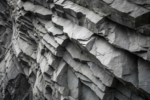 Abstract Monochromatic Close-Up of a Jagged Rock Face Intricate Textures and Layered Stone Patterns in Black and White.