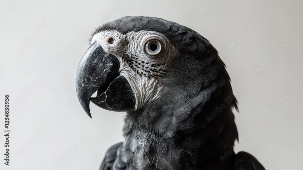 Fototapeta premium Close-Up Portrait of a Majestic Black Parrot Against Neutral Background