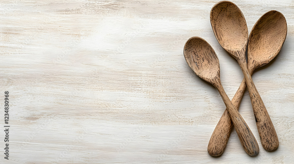 Rustic wooden spoons on table, cooking background, food recipe Rustic wooden spoons on table, cooking background, food recipe