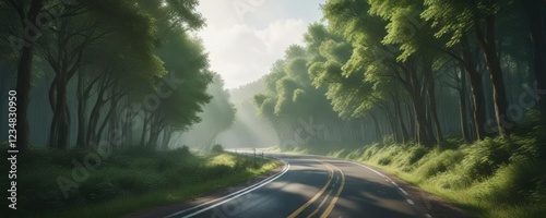 A stunning landscape with tall green trees and a winding highway that flows through the center of the image, wilderness , endless road, scenic view