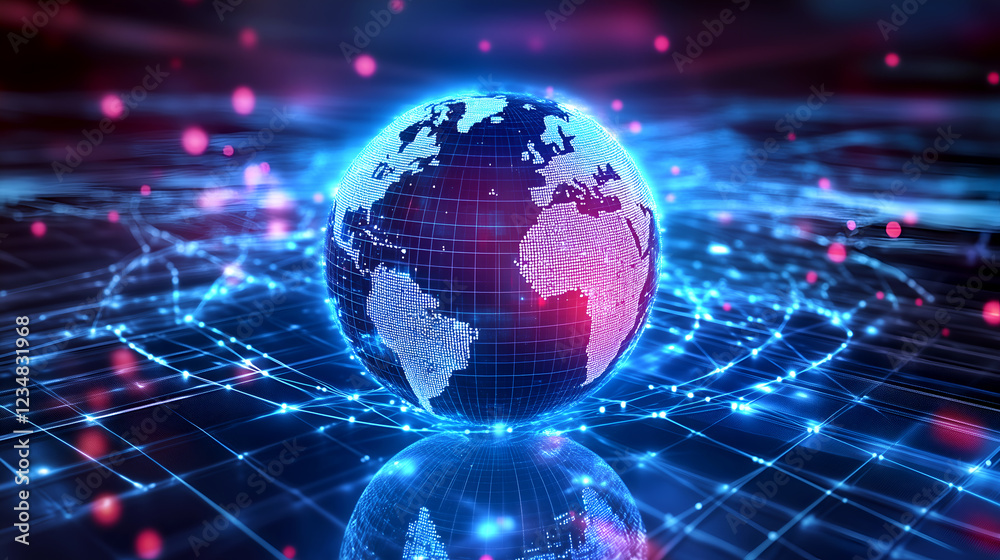 Global network connection with glowing digital lines and blue and red accents on a digital grid Global network connection with glowing digital lines and blue and red accents on a digital grid