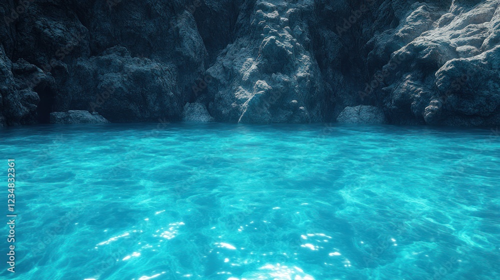 Obraz premium Sunny turquoise water laps against rocky cave entrance