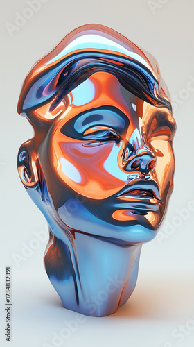 Abstract colorful metallic face sculpture with smooth reflective surface