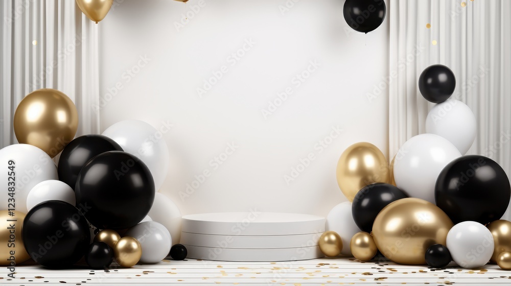 Celebration setup with black and gold balloons studio event decoration festive eye-level party theme Celebration setup with black and gold balloons studio event decoration festive eye-level party theme
