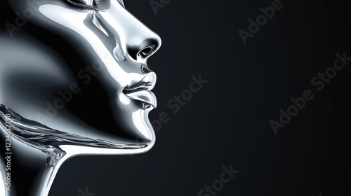 Close-up of abstract metallic humanoid face with smooth reflective surface on black background with blank empty space