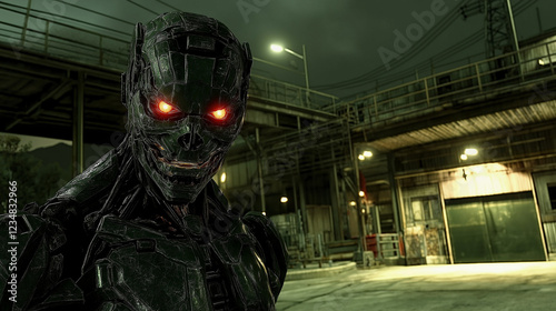 Dark menacing robot with glowing red eyes in an industrial night setting