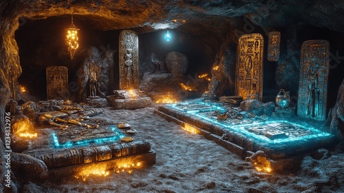 Underground cave interior with multiple beds fire and ancient artifacts for secret lair