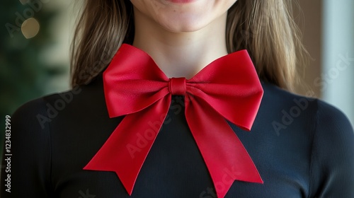 a red ribbon bow suitable for Christmas, isolated for use in card designs, digital greeting cards, and holiday promotions photo