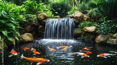 Fototapeta Naklejka Na Ścianę i Meble -  Serene zen garden featuring a small waterfall and koi pond surrounded by lush greenery