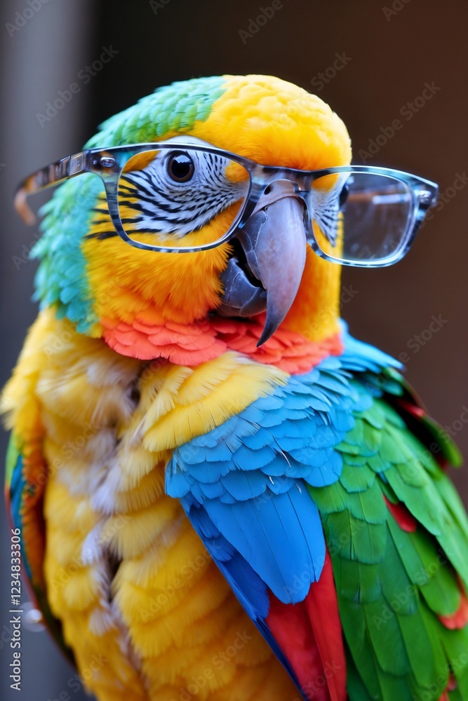 Obraz premium A vibrant parrot confidently sporting a pair of stylish glasses, showcasing its quirky personality. The bright feathers and humorous expression add a playful touch.