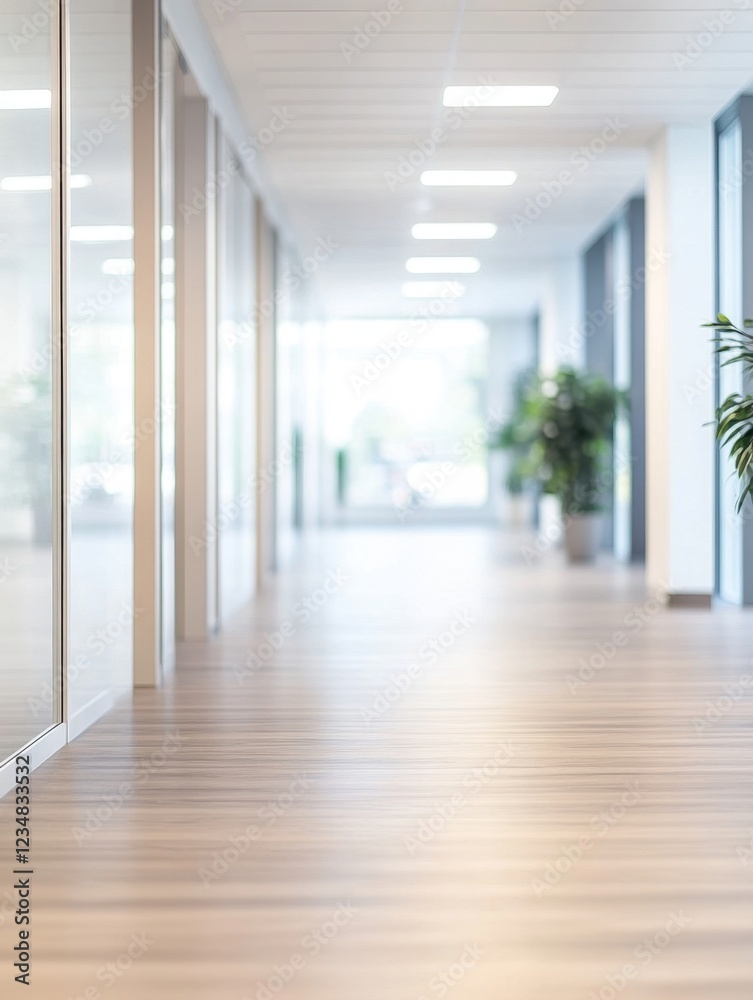 Obraz premium Bright, modern office hallway with glass partitions and wood flooring.