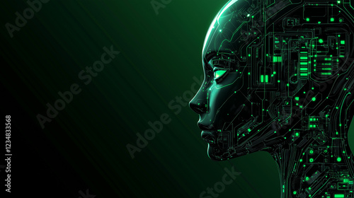 Side view of futuristic green-lit robot head with circuit patterns on dark background with blank empty space