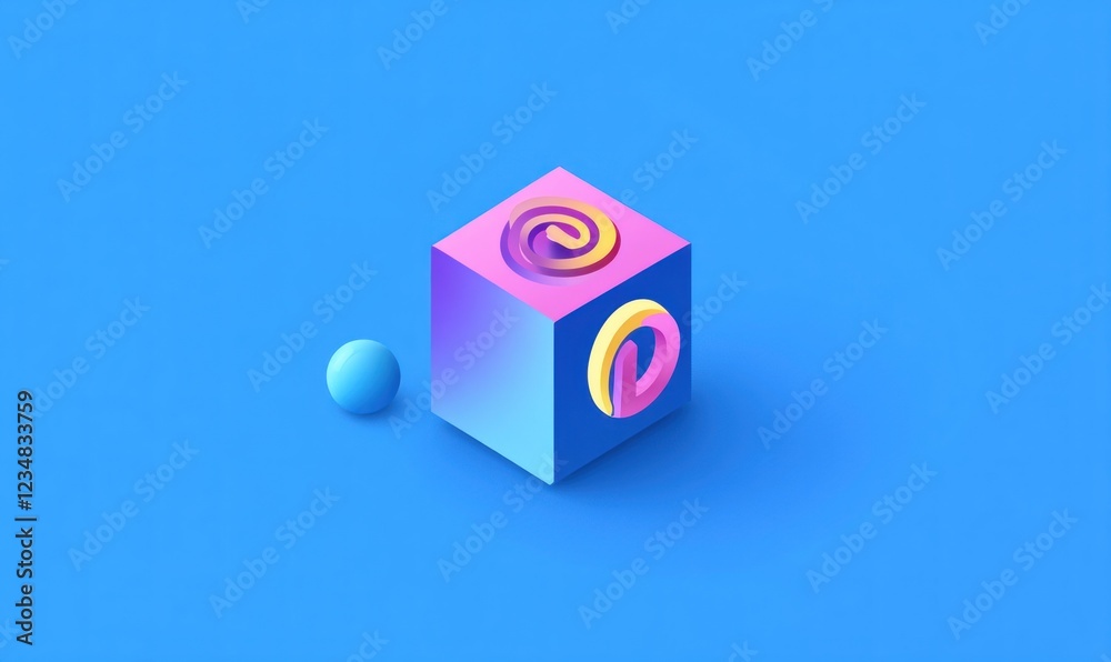 Abstract 3D cube with symbols on blue background. Abstract 3D cube with symbols on blue background.