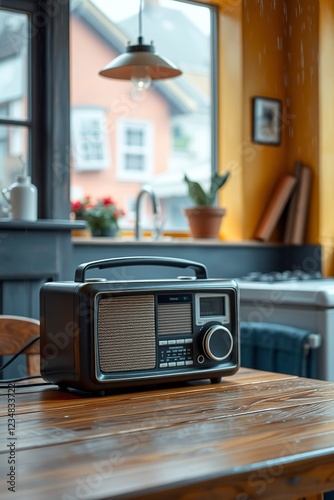 Vintage Retro Radio on Wooden Table in Kitchen