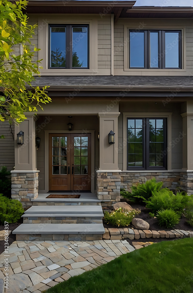 Obraz premium Luxury Home Exterior: Modern Stone Facade, Landscaping, and Grand Entrance