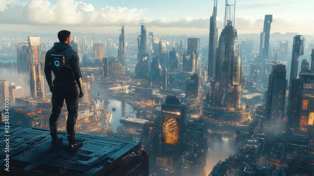 Man standing on a ledge overlooking a city skyline during the daytime with clear blue sky