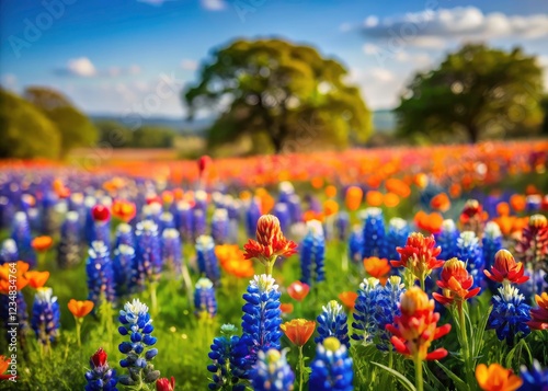 Tilt-shift photography captures a vibrant Texas spring meadow, miniature bluebonnets and Indian paintbrush in full bloom.