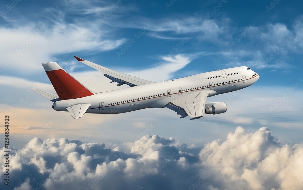 Modern commercial passenger airplane flying high above the clouds in a clear blue sky with scenic aerial view Modern commercial passenger airplane flying high above the clouds in a clear blue sky with scenic aerial view