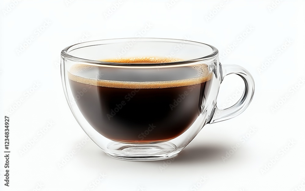 Elegant clear glass cup of fresh black coffee with a perfect crema layer Elegant clear glass cup of fresh black coffee with a perfect crema layer