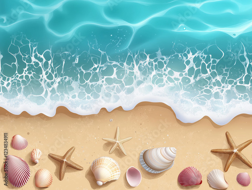 tropical beach with vector illustrations of seashells, starfish, and gentle waves lapping the shore, soft colors, isolated on a transparent background,