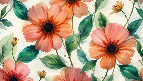 Wallpaper Mural Abstract minimalist vibrant transparent flowers in oil painting seamless pattern with transparent leafs in lashes green natural, vintage, soft colours combination, digital painting, brush strokes styl Torontodigital.ca