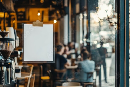 Wallpaper Mural White poster taped to a glass window in a bustling coffee shop, people enjoying their drinks in the background. Torontodigital.ca