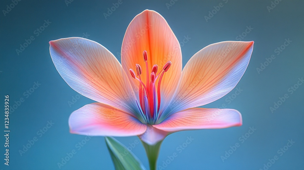 Fototapeta premium Vibrant orange-pink lily flower close-up on soft teal background