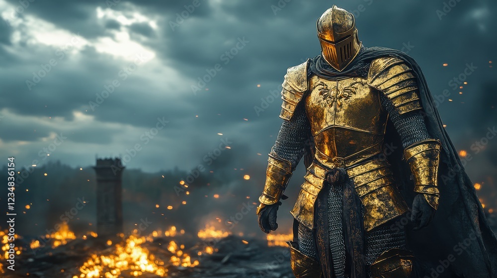 Fototapeta premium Warrior in gold armor standing on battlefield in front of fiery background